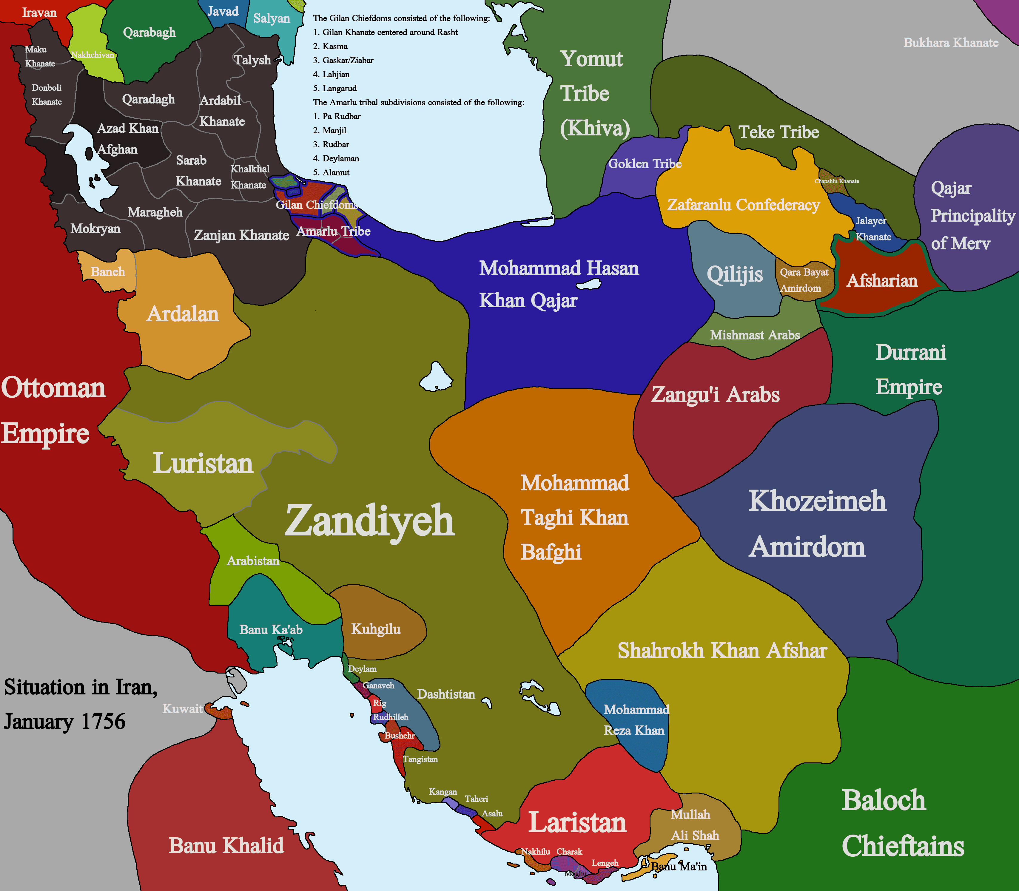نقشه ایران پس از مرگ نادرشاه در ژانویه ۱۷۵۶ میلادی