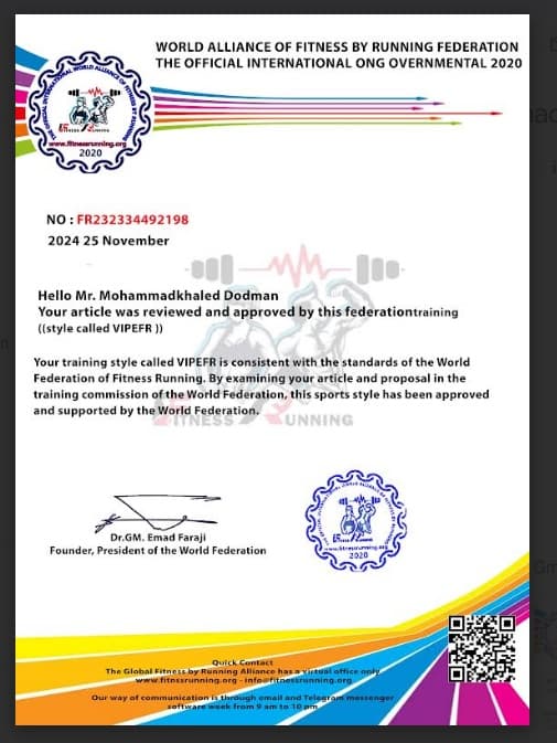 ابداع سبک و سیستم جدید ورزشی VIPEFR فیتنس رانینگ توسط دکتر محمدخالد دودمان و دریافت تاییدیه رسمی از فدراسیون جهانی فیتنس 