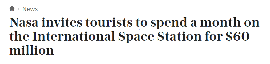 تور فضایی "NASA"؛ 60 میلیون دلار، 30 روز اقامت، صبحانه، ناهار، شام، هتل N ستاره و بهترین  VIEW!