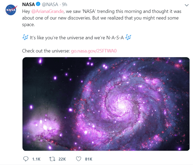 واکنش اکانت رسمی توییتری ناسا به آهنگ NASA از آریانا گرانده