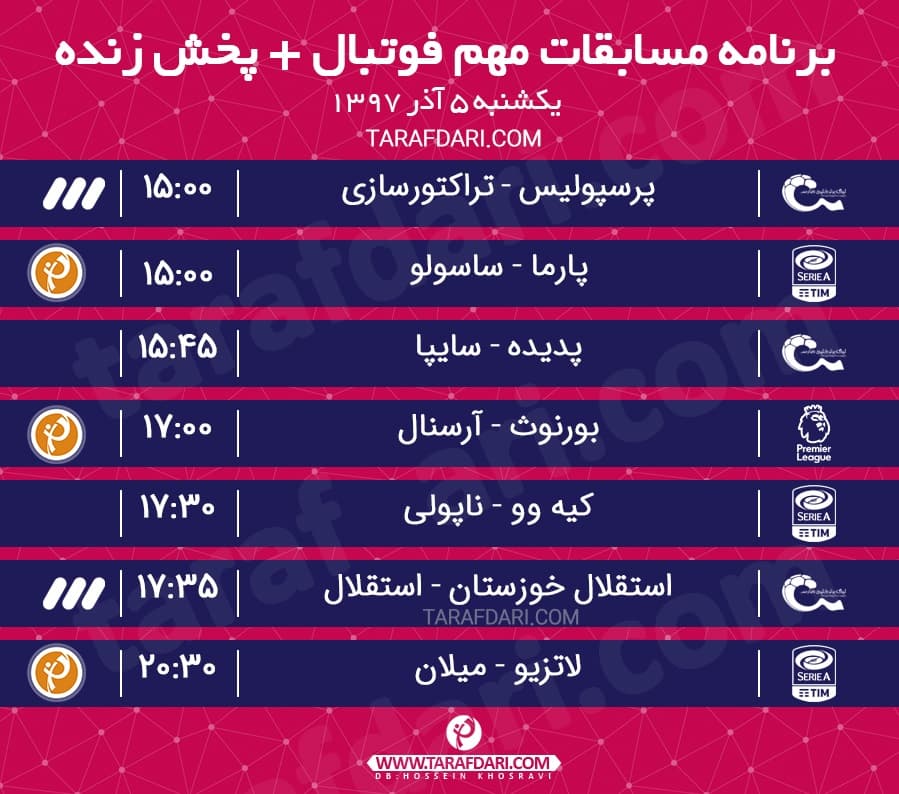 برنامه مسابقات مهم فوتبال + پخش زنده [یکشنبه 4 آذر 1397]