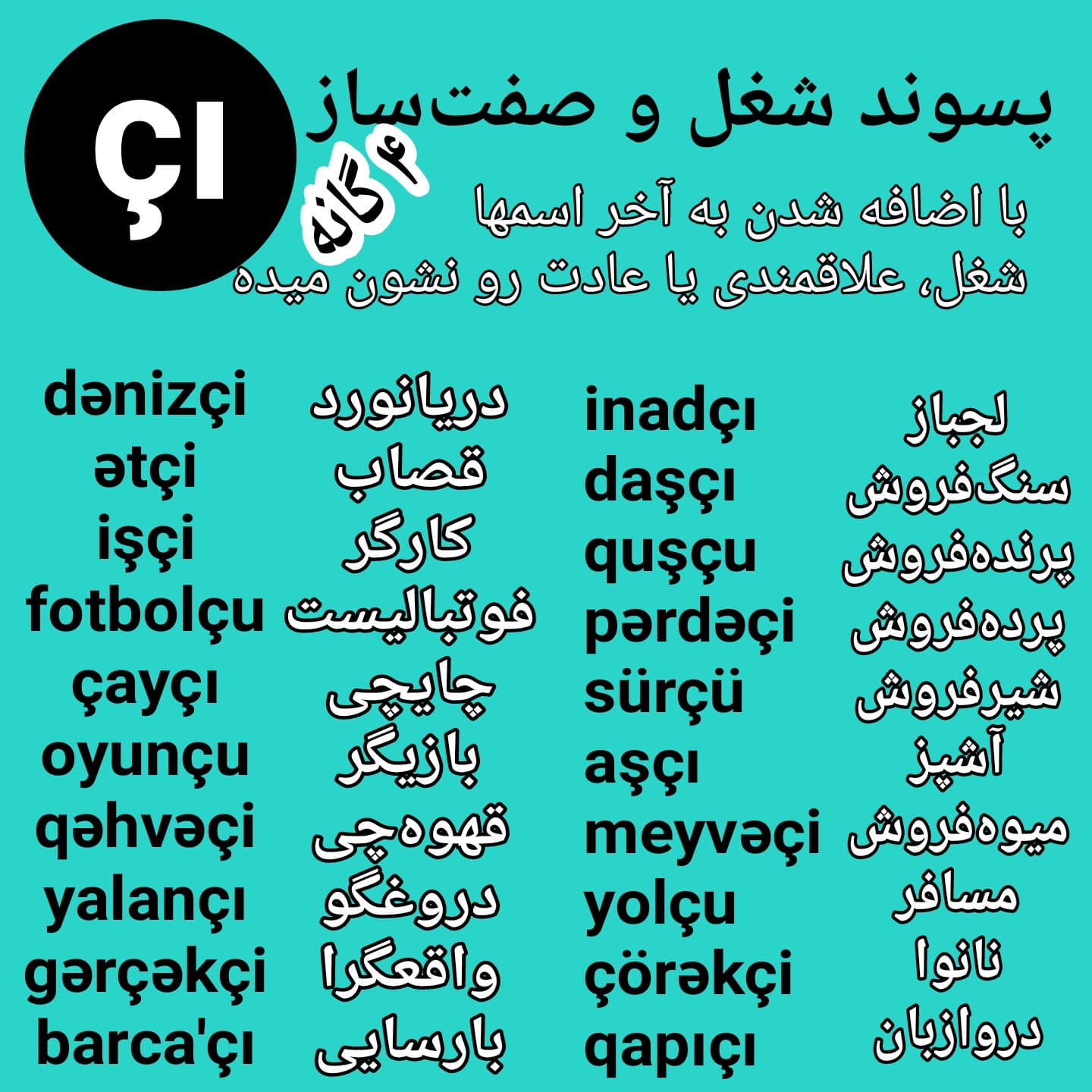 ??کلاس آموزش نوشتار خط ترکی (آذربایجانی): پسوند شغل‌ساز و صفت‌ساز در ترکی